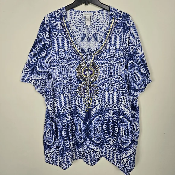 Catherines Womens Fairy Beaded Ikat Tunic Top 3X Blue Boho Hippie Mature Artsy - Picture 1 of 6